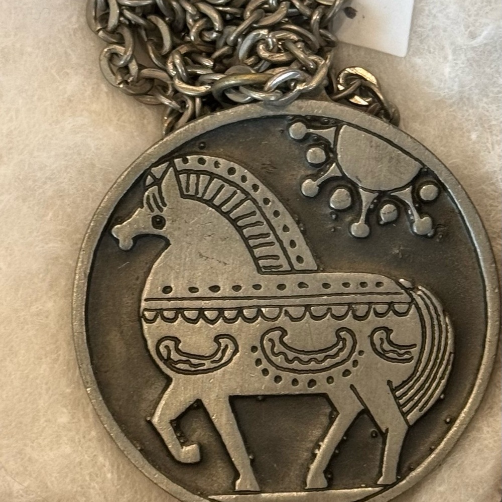vintage Jorgen Jensen pewter pendant necklace with a modernist horse motif.
